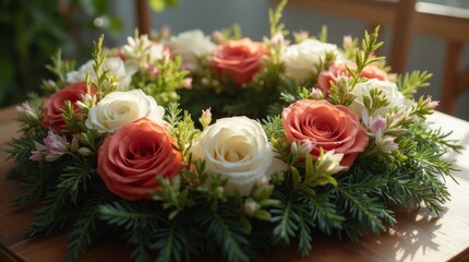 beautifully arranged memorial wreath made of fresh flowers and greenery
