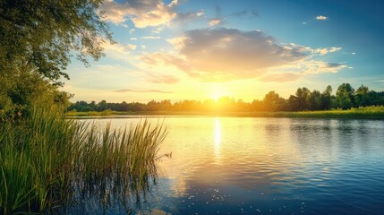 Fototapeta premium Serene River Sunset Reflections Over Water Surrounded by Lush Greenery in Tranquil Natural Landscape