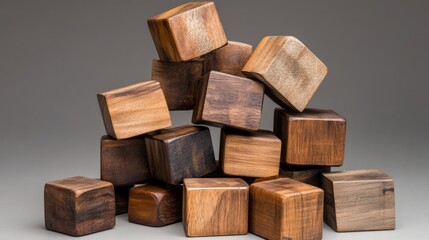 A Pile of Wooden Blocks: Abstract Composition of Brown and Dark Wood Cubes