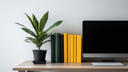 Minimalist Home Office Setup with Plant, Books, and Computer