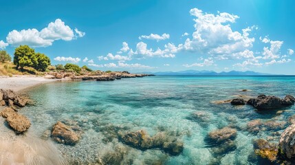 Fototapeta premium Serene Seascape Panorama of Vacation Beach with Clear Sky and Fluffy Clouds in Light Blue Summer Tones