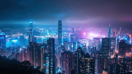 Obraz premium A beautifully lit cityscape at night with skyscrapers glowing in the distance.