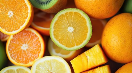 Fototapeta premium Vibrant selection of seasonal fruits sliced for fresh smoothies promoting health and wellness with colorful nutrient-rich ingredients