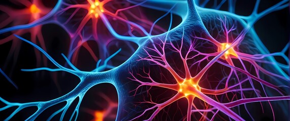 A captivating macro view of neurons firing with dendrites and synapses glowing in neon colors