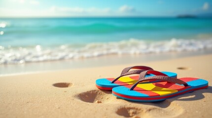 Obraz premium pair of colorful Aussie thongs (flip-flops) resting on a sandy beach