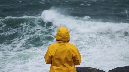Person in yellow raincoat observing turbulent ocean waves during stormy weather scene on rocky shore