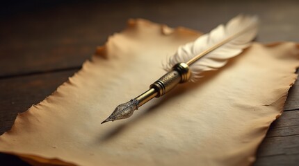 Naklejka premium vintage quill pen resting on an aged piece of parchment paper