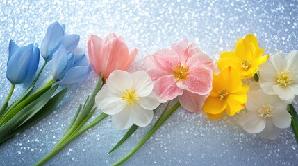 Fototapeta premium Pastel spring flowers in soft hues arranged on a shimmering surface creating a tranquil and vibrant floral composition