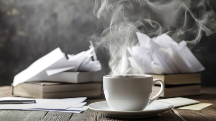 Stressful office setting with steaming coffee surrounded by crumpled papers and books illustrating a chaotic work environment