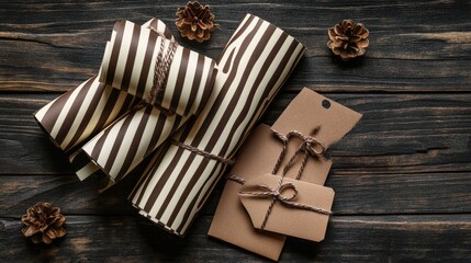Fototapeta premium Festive striped wrapping paper rolls and brown gift tags arranged on dark wooden background with pine cones and copy space for holiday design