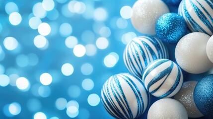Obraz premium Blue and white decorative balls with glitter on a blue background creating a festive and cheerful atmosphere for seasonal celebrations