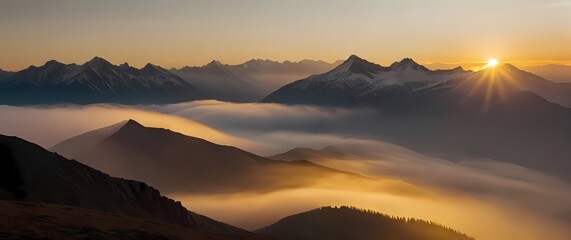 A breathtaking view of a mountain range at sunrise with peaks bathed in golden light and valleys shrouded in soft mist. Extremely detailed high resolution illustration.