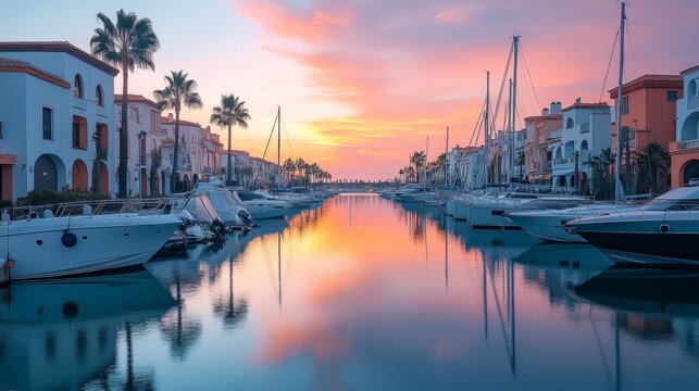 Sunset reflection over serene marina with boats in tranquil water