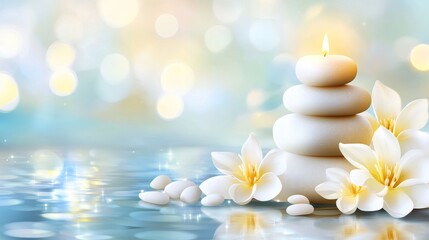Serene candles and stones with flowers by water.