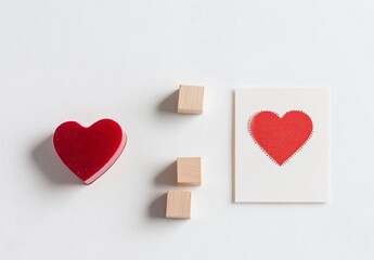 Fototapeta premium Romantic Red Heart with Wooden Blocks and Card: Valentine's Day Concept