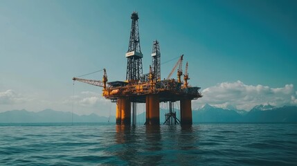 Offshore sea oil platform with mountains at the background. Natural gas and oil rig in the ocean in the North