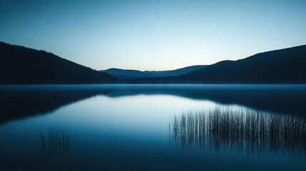 Fototapeta premium The sight of a serene lake at dawn, mirroring the stillness and peace we seek within ourselves.