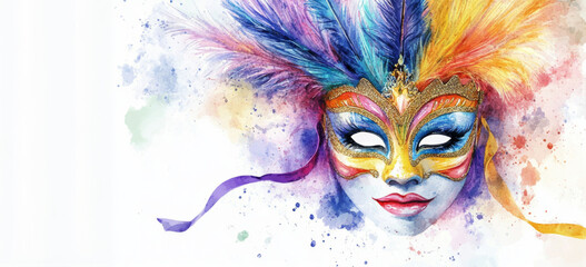 white banner with place for text. watercolor illustration of a carnival mask with feathers. carnival in rio de janeiro