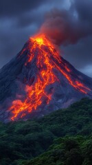 Volcano erupts at night illuminating the mountain landscape with vibrant lava flow reflecting in the water