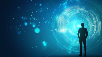 Silhouette of a businessman in digital space.