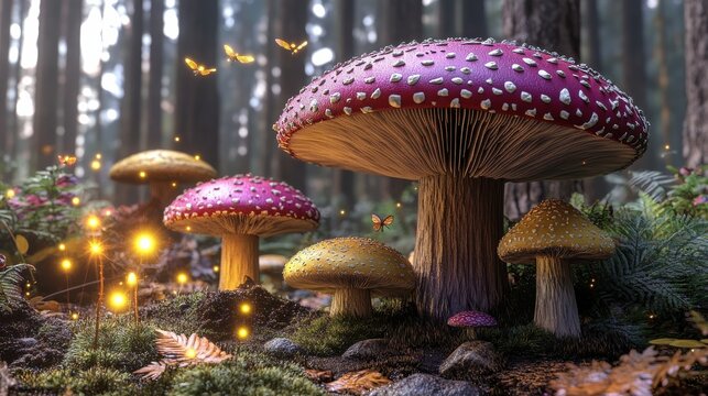 A cluster of colorful mushrooms glows with an enchanting light in a mystical forest, surrounded by magical butterflies and ethereal floating lights.