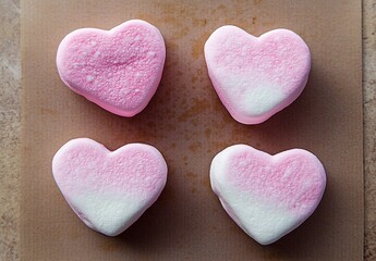Fototapeta premium Four Pink and White Heart-Shaped Marshmallows on Brown Background