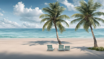 beach with beach chairs at a clear blue ocean with two palm trees and a blue sky