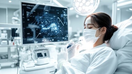 A dentist in a high-tech dental facility focuses intently on a procedure using advanced equipment, portraying precision and dedication to advanced healthcare and dental practices.