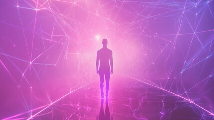 Silhouette walking through a vibrant digital landscape.