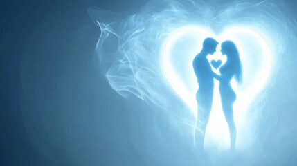 Silhouetted couple in love against a smoky heart.