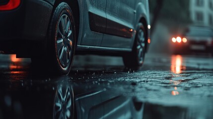 Rainy Night Cityscape: Car Reflection in a Puddle
