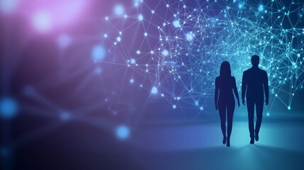 Silhouetted figures in a digital landscape.