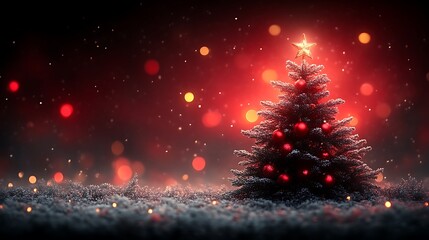 Festive Christmas Tree with Red Ornaments in Snowy Setting