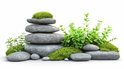 A serene arrangement of stacked stones and greenery, symbolizing tranquility and nature.