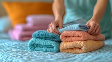 Neatly folding colorful towels on a bed with soft bedding in a cozy interior during daylight hours