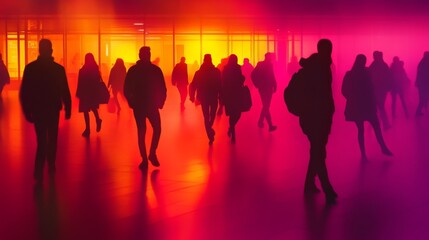 Fototapeta premium Silhouettes of people in colorful misty light.