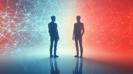 Fototapeta premium Silhouettes of two figures in digital space.