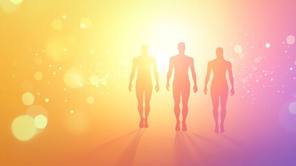 Silhouettes walking towards a bright horizon.