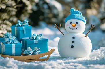 Adorable Snowman with Teal Gifts in Snowy Winter Scene