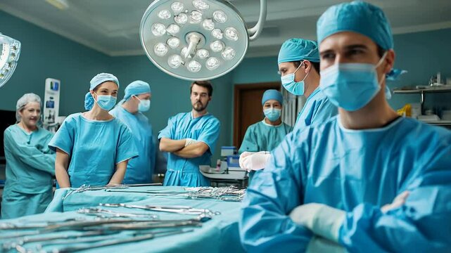 Confident surgeon posing with surgical team in operating room