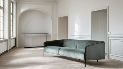 Minimalist interior with a green sofa and simple decor.