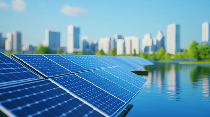 Fototapeta premium Solar panels reflecting sunlight near a city.