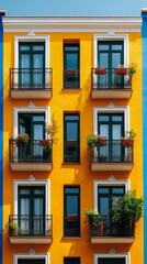 Obraz premium Colorful building exterior showcasing vibrant blue and orange facades with classic architecture details