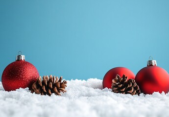 Red Christmas Ornaments in Snow with Pine Cones - Festive Winter Holiday Scene