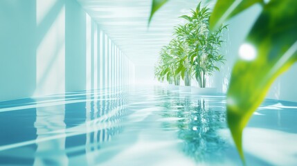 Tranquil indoor water and green plants space.