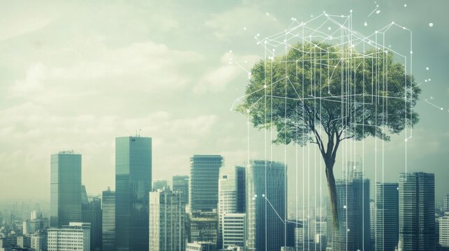 Tree grows amidst urban skyscrapers, symbolizing nature.