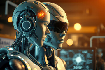 Two futuristic humanoid robots with glowing elements stand in high tech environment, showcasing advanced artificial intelligence and robotics technology