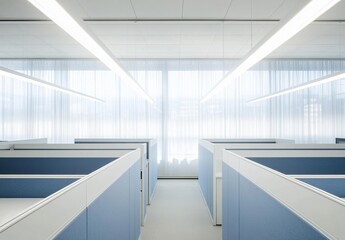 Modern Office Cubicles with Sheer Curtains and Bright Lighting