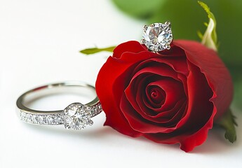 Stunning Diamond Rings on Red Rose: Romantic Engagement Jewelry Photography