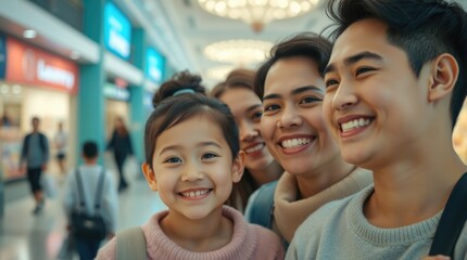 Obraz premium Mom, dad, and their cheerful child are shopping at the mall, immersed in a joyful experience filled with laughter and togetherness, creating special moments